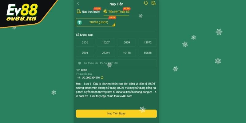 Các bước chi tiết để nạp tiền USDT tại EV88