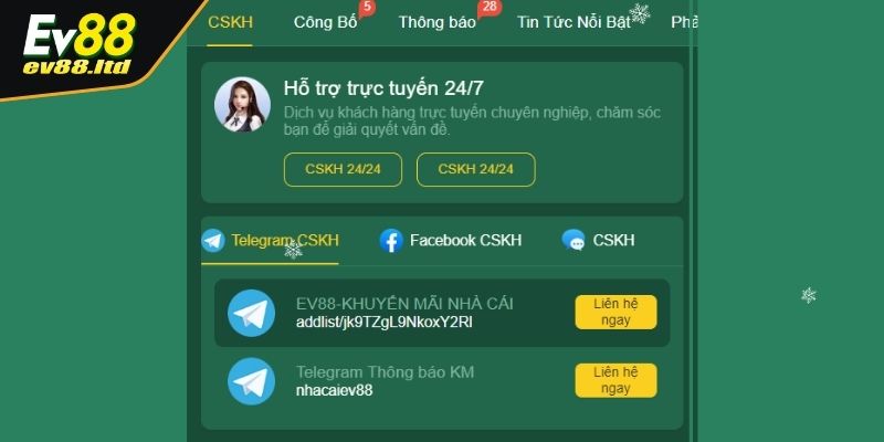 Các cách thức liên hệ chăm sóc khách hàng EV88