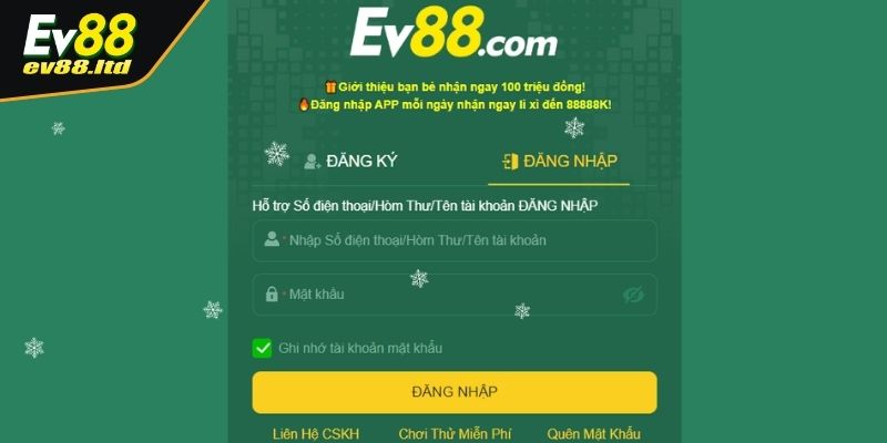 Các bước đăng nhập EV88